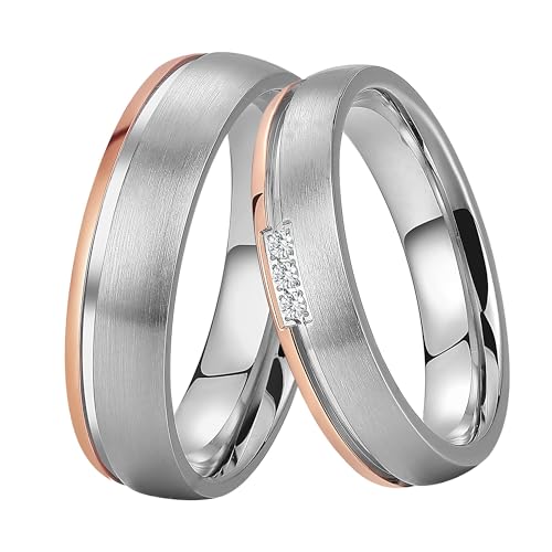 DOOSTI Paar Ringe für Damen Herren Partnerring Edelstahl Bicolor Silber Rosegold ohne/mit Zirkonia Ehering Trauring Freundschaftsring Hochzeit Ringe Frau Mann (Damenring, 68 (21.6)) von DOOSTI