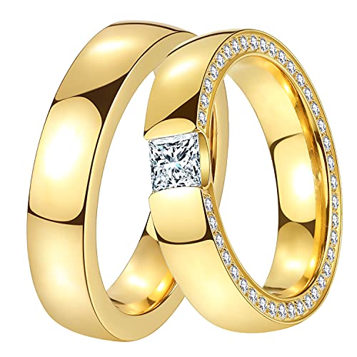 DOOSTI Ring Set Damen Herren Edelstahl Gelbgold vergoldet Partnerringe Verlobungsringe Paar Trauringe Hochzeit Freundschaftsringe Eheringe inkl. Gravur mit Namen (Ring mit Zirkonia, 56) von DOOSTI