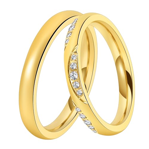 DOOSTI Trauring/Ehering/Partnerring - Chirurgischer Edelstahl 316L - hochwertiger Edelstahlring Gelbgold vergoldet- Damen und Herren Variante - Mit Gratis Wunschgravur (Ring mit Zirkonia, 48) von DOOSTI