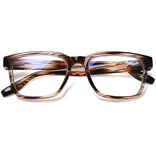 DOOViC Blaulichtfilter Lesebrille Gestreift Braun Quadratische Rahmen Groß Gläser Computerbrille Brille mit Sehstärke für Damen/Herren 3,5 von DOOViC