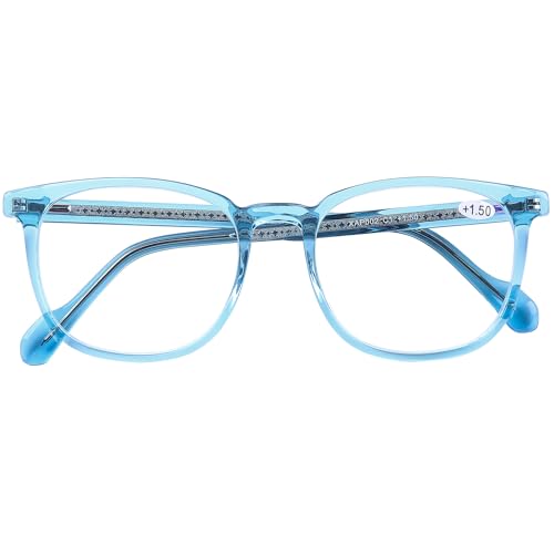 DOOViC Lesebrille Damen 1.5 mit Blaulichtfilter Runde Blau Rahmen Großes Gestell Computerbrille mit Stärke von DOOViC