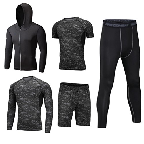 DOOXI Herren 5 Stücke Sport Anzug Schnell Trocken Joggen Kleidung Strumpfhosen Laufanzüge Kompression Shirt Gym Training Lauf Trainingsanzüge L von DOOXI