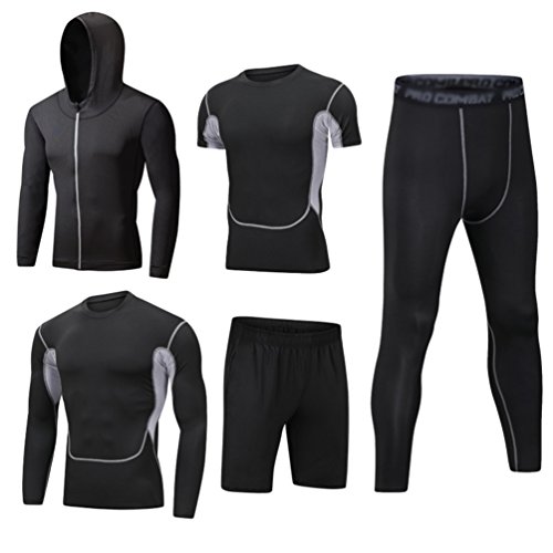 DOOXI Herren 5 Stücke Sport Anzug Schnell Trocken Joggen Kleidung Strumpfhosen Laufanzüge Kompression Shirt Gym Training Lauf Trainingsanzüge S von DOOXI