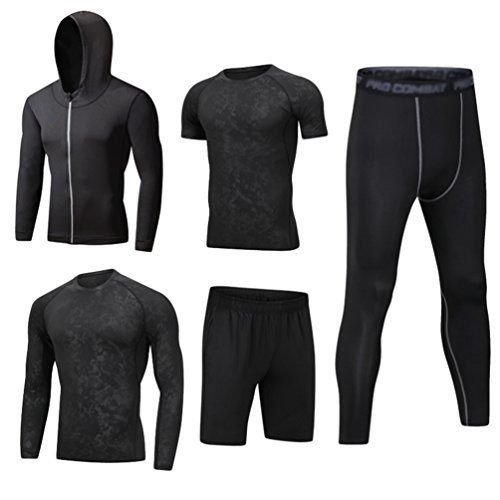 DOOXI Herren 5 Stücke Sport Anzug Schnell Trocken Joggen Kleidung Strumpfhosen Laufanzüge Kompression Shirt Gym Training Lauf Trainingsanzüge XL von DOOXI