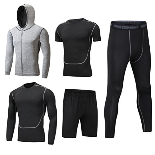 DOOXI Herren 5 Stücke Sport Anzug Schnell Trocken Joggen Kleidung Strumpfhosen Laufanzüge Kompression Shirt Gym Training Lauf Trainingsanzüge XL von DOOXI