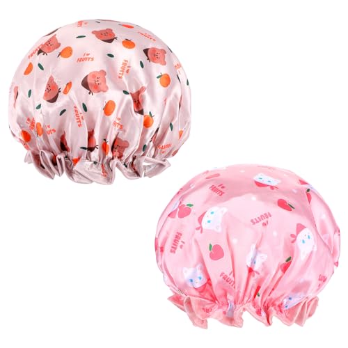 DOPENSPI 2 Stück Kinder Duschhaube, Doppellagige Wasserdichte Duschhaube, Elastische Shower Cap für Zuhause Hotel Reisen Geeignet für Frauen mit langen Haaren(Farbe A) von DOPENSPI