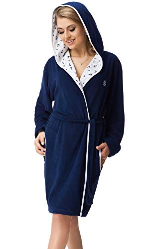 DOROTA trendiger und gemütlicher Damen Baumwoll-Bademantel mit Kapuze und Jackentaschen, made in EU, dunkelblau-Anker, Gr. M von DOROTA