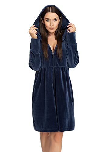 DOROTA kuscheliger und moderner Damen Bademante, mit Reißverschluss, Kapuze & Taschen, made in EU, indigo, Gr. L von DOROTA