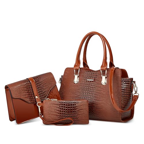 DORRISO 3 Teiliges Set Elegant Handtaschen Damen Mode Umhängetasche Geldbörse Einfach Anti-Dieb Leichtgewicht Damen Schultertasche für Reisen Büro Ernennung Urlaub Einkaufen PU Leder Braun A von DORRISO
