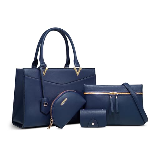 DORRISO Anti-Dieb Damen Handtaschen 4 Teiliges Set Umhängetasche Elegant Geldbörse Einfach Leichtgewicht Damen Schultertasche für Reisen Büro Ernennung Urlaub Einkaufen PU Leder Blau von DORRISO
