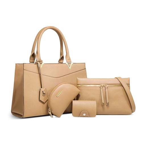 DORRISO Anti-Dieb Damen Handtaschen 4 Teiliges Set Umhängetasche Elegant Geldbörse Einfach Leichtgewicht Damen Schultertasche für Reisen Büro Ernennung Urlaub Einkaufen PU Leder Braun von DORRISO