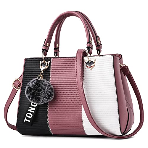 DORRISO Damen Handtasche Mode Pompons Anhänger Umhängetasche Elegantes Casual Reise Handtasche Frauen PU Leder Top Griff TascheRosa von DORRISO