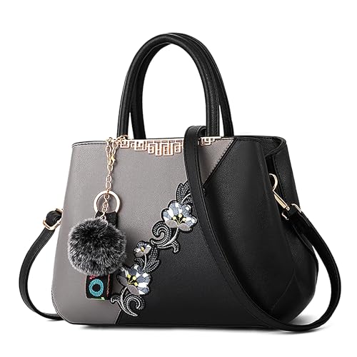 DORRISO Damen Handtasche Mode Stickdesign Schultertasche Große Kapazität Umhängetasche Casual Reise Handtasche PU Leder Top Griff Tasche für Frauen Grau A von DORRISO