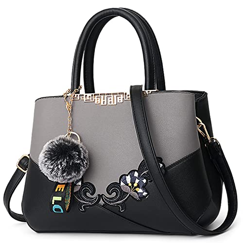 DORRISO Damen Handtasche Mode Stickdesign Schultertasche Große Kapazität Umhängetasche Casual Reise Handtasche PU Leder Top Griff Tasche für Frauen Grau B von DORRISO