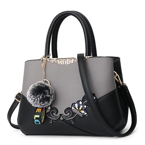 DORRISO Damen Handtasche Mode Stickdesign Schultertasche Große Kapazität Umhängetasche Casual Reise Handtasche PU Leder Top Griff Tasche für Frauen Grau B von DORRISO