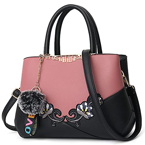 DORRISO Damen Handtasche Mode Stickdesign Schultertasche Große Kapazität Umhängetasche Casual Reise Handtasche PU Leder Top Griff Tasche für Frauen Rosa B von DORRISO