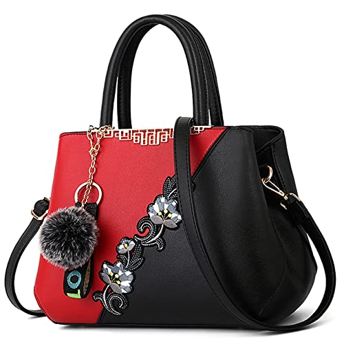 DORRISO Damen Handtasche Mode Stickdesign Schultertasche Große Kapazität Umhängetasche Casual Reise Handtasche PU Leder Top Griff Tasche für Frauen Rot A von DORRISO