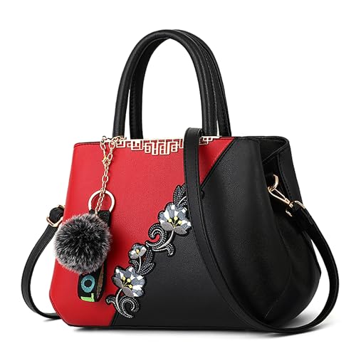 DORRISO Damen Handtasche Mode Stickdesign Schultertasche Große Kapazität Umhängetasche Casual Reise Handtasche PU Leder Top Griff Tasche für Frauen Rot A von DORRISO