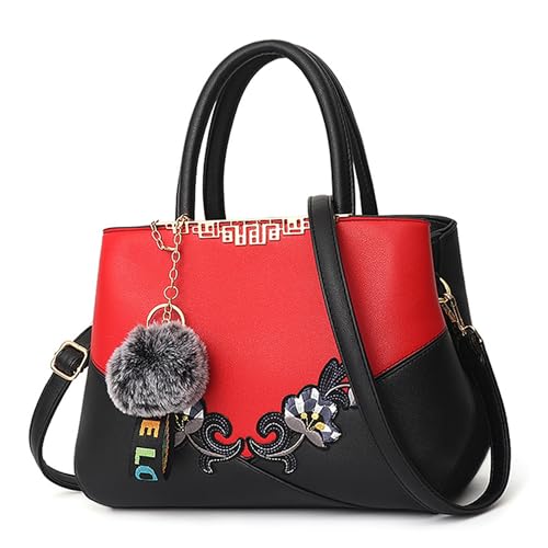 DORRISO Damen Handtasche Mode Stickdesign Schultertasche Große Kapazität Umhängetasche Casual Reise Handtasche PU Leder Top Griff Tasche für Frauen Rot B von DORRISO