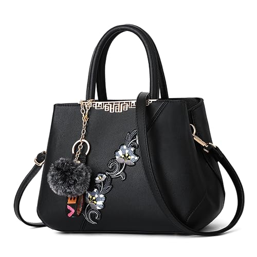 DORRISO Damen Handtasche Mode Stickdesign Schultertasche Große Kapazität Umhängetasche Casual Reise Handtasche PU Leder Top Griff Tasche für Frauen Schwarz A von DORRISO