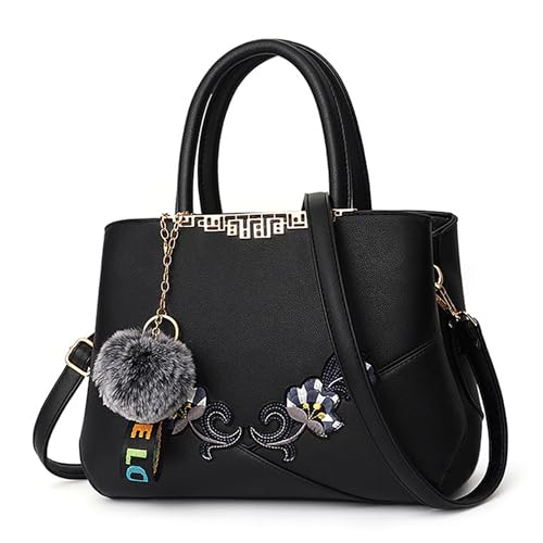 DORRISO Damen Handtasche Mode Stickdesign Schultertasche Große Kapazität Umhängetasche Casual Reise Handtasche PU Leder Top Griff Tasche für Frauen Schwarz B von DORRISO