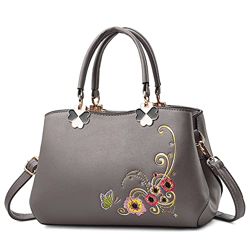 DORRISO Damen Handtasche Mode Stickdesign Schultertasche Umhängetasche Casual Reise Handtasche Frauen PU Leder Top Griff Tasche Grau von DORRISO