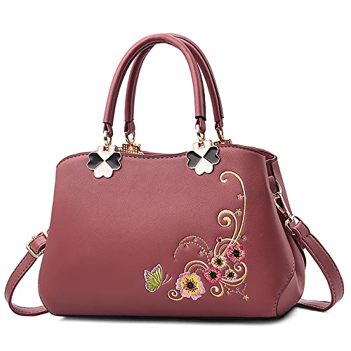 DORRISO Damen Handtasche Mode Stickdesign Schultertasche Umhängetasche Casual Reise Handtasche Frauen PU Leder Top Griff Tasche Rot A von DORRISO