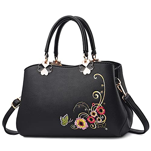 DORRISO Damen Handtasche Mode Stickdesign Schultertasche Umhängetasche Casual Reise Handtasche Frauen PU Leder Top Griff Tasche Schwarz von DORRISO