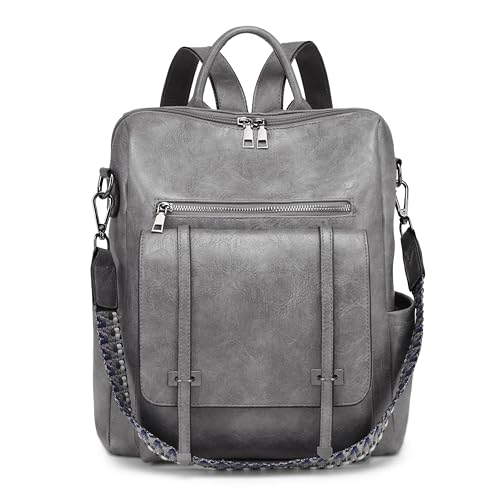 DORRISO Einfach Mode Damen Rucksack Freizeit Umhängetaschen Schulrucksack Damen Reise Anti Dieb Schultaschen Leichtgewicht für Büro Urlaub Einkaufen Wasserdicht PU Leader Grau von DORRISO