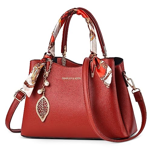 DORRISO Elegant Damen Handtasche Große Kapazität Schultertasche mit Einzigartigem Anhänger Umhängetasche Tasche Tote für Wandern Urlaub Einkaufen Reise PU Leder Damen Kuriertaschen Rot von DORRISO