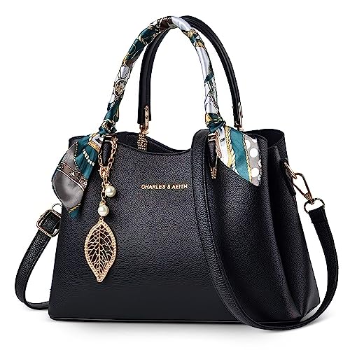 DORRISO Elegant Damen Handtasche Große Kapazität Schultertasche mit Einzigartigem Anhänger Umhängetasche Tasche Tote für Wandern Urlaub Einkaufen Reise PU Leder Damen Kuriertaschen Schwarz von DORRISO