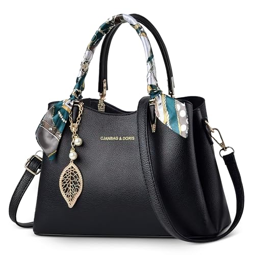 DORRISO Elegant Damen Handtasche Große Kapazität Schultertasche mit Einzigartigem Anhänger Umhängetasche Tasche Tote für Wandern Urlaub Einkaufen Reise PU Leder Damen Kuriertaschen Schwarz von DORRISO