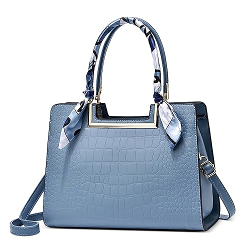 DORRISO Elegant Damen Handtasche Mode Henkeltasche mit Schal Schick Klassische Textur für Urlaub Business Nachmittagstee Einkaufen Reise PU Leder Schultertasche Damen Kuriertaschen Blau A von DORRISO