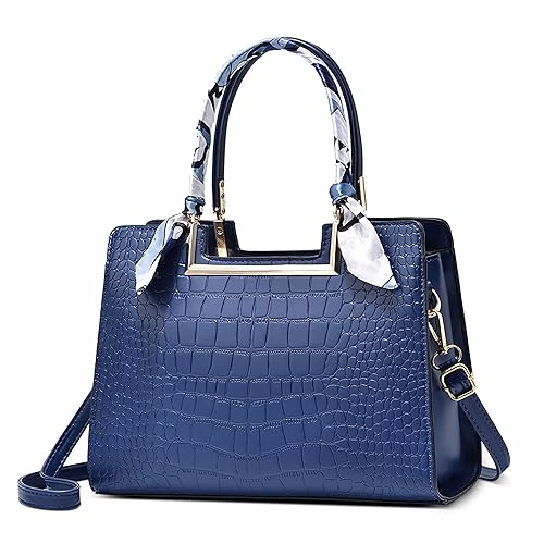 DORRISO Elegant Damen Handtasche Mode Henkeltasche mit Schal Schick Klassische Textur für Urlaub Business Nachmittagstee Einkaufen Reise PU Leder Schultertasche Damen Kuriertaschen Blau von DORRISO