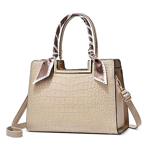 DORRISO Elegant Damen Handtasche Mode Henkeltasche mit Schal Schick Klassische Textur für Urlaub Business Nachmittagstee Einkaufen Reise PU Leder Schultertasche Damen Kuriertaschen Khaki von DORRISO