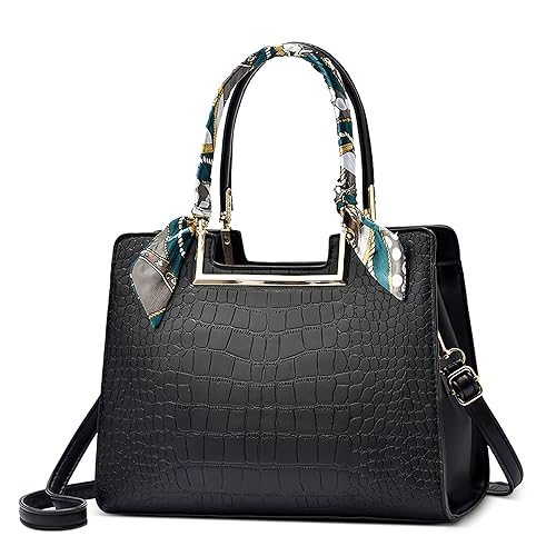 DORRISO Elegant Damen Handtasche Mode Henkeltasche mit Schal Schick Klassische Textur für Urlaub Business Nachmittagstee Einkaufen Reise PU Leder Schultertasche Damen Kuriertaschen Schwarz von DORRISO