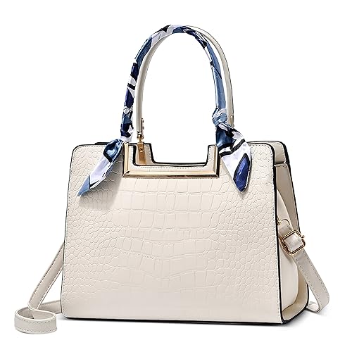 DORRISO Elegant Damen Handtasche Mode Henkeltasche mit Schal Schick Klassische Textur für Urlaub Business Nachmittagstee Einkaufen Reise PU Leder Schultertasche Damen Kuriertaschen Weiß von DORRISO