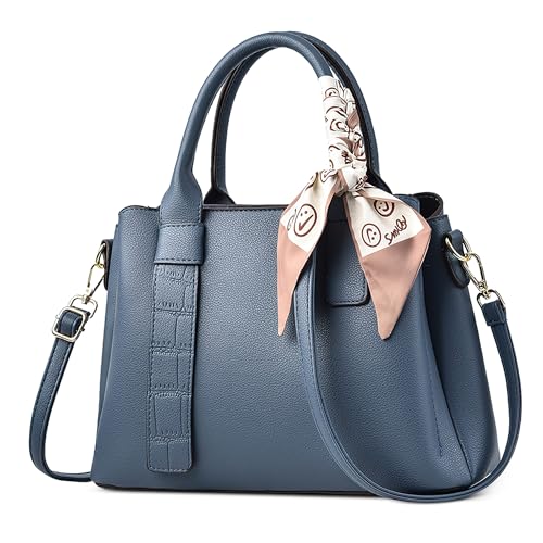 DORRISO Elegant Damen Handtasche Mode Henkeltasche mit Schick Weich Süß Seidentuch Klassische Umhängetasche für Urlaub Business Nachmittagstee Einkaufen Reise PU Leder Damen Kuriertaschen Blau von DORRISO