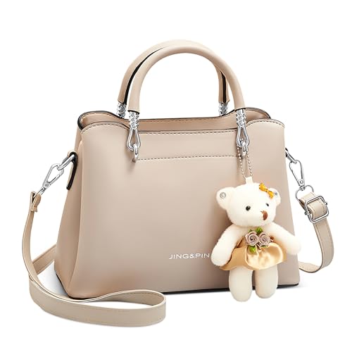 DORRISO Elegant Damen Klein Henkeltasche Mode Umhängetasche Handtasche mit Niedlichem Bären-Anhänger Schultertasche für Reise Einkaufen Arbeit Urlaub Business PU Leder Frauen Tasche Tote Khaki von DORRISO
