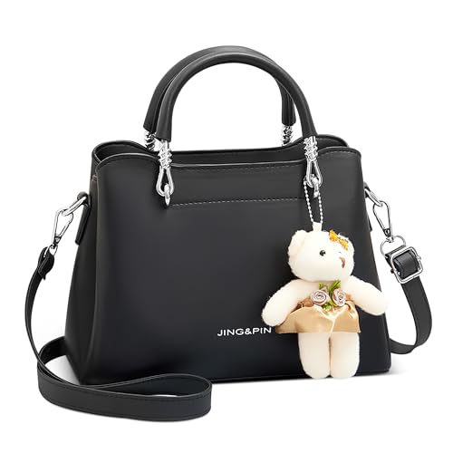 DORRISO Elegant Damen Klein Henkeltasche Mode Umhängetasche Handtasche mit Niedlichem Bären-Anhänger Schultertasche für Reise Einkaufen Arbeit Urlaub Business PU Leder Frauen Tasche Tote Schwarz von DORRISO