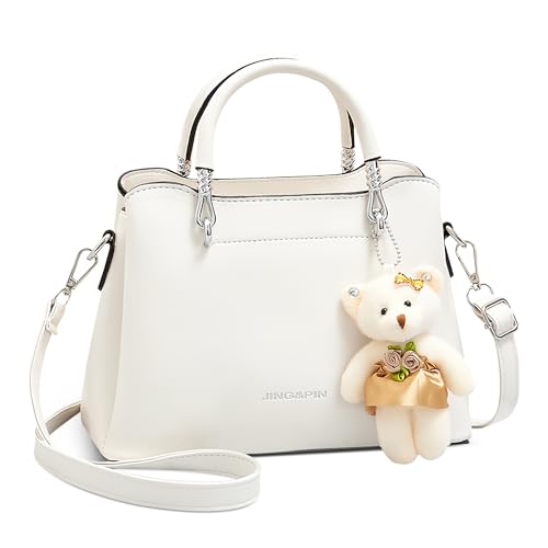 DORRISO Elegant Damen Klein Henkeltasche Mode Umhängetasche Handtasche mit Niedlichem Bären-Anhänger Schultertasche für Reise Einkaufen Arbeit Urlaub Business PU Leder Frauen Tasche Tote Weiß von DORRISO