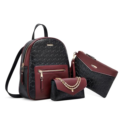 DORRISO Elegant Damen Rucksack Reiserucksack Damen Umhängetaschen Geldbörse 3 Teiliges Set Schulrucksack Anti Dieb Reise Schultaschen für Büro Urlaub Einkaufen Wasserdicht PU Leader Schwarz Rot von DORRISO