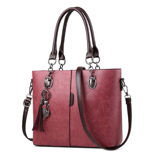 DORRISO Elegant Damen Schultertasche Mode Handtasche Kuriertaschen mit Einzigartigem Anhänger Umhängetasche für Reise Einkaufen Arbeit Urlaub Business Damen PU Leder Henkeltasche Rot A von DORRISO