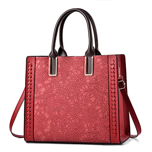 DORRISO Elegante Damen Handtasche Mode Stickdesign Schultertasche Reise Große Kapazität Umhängetasche Leicht Casual Lässige Handtasche PU Leder Top Griff Tasche für Frauen Rot von DORRISO