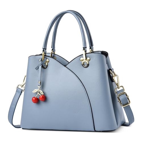 DORRISO Elegante Damen Handtasche PU Leder Mode Henkeltasche mit Schickem Kirsch-Anhänger Schultertasche für Reise Urlaub Business Lässig Nachmittagstee Einkaufen Damen Tasche Tote Bag Blau von DORRISO