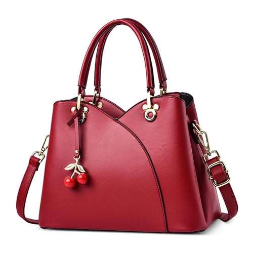 DORRISO Elegante Damen Handtasche PU Leder Mode Henkeltasche mit Schickem Kirsch-Anhänger Schultertasche für Reise Urlaub Business Lässig Nachmittagstee Einkaufen Damen Tasche Tote Bag Rot von DORRISO