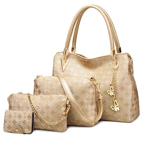 DORRISO Handtasche Damen Handtaschen Set 4 Teiliges Elegante Frauen Taschen Set Umhängetasche Clutchbag Karteninhaber Reisen Schultertasche PU Leder Gold von DORRISO