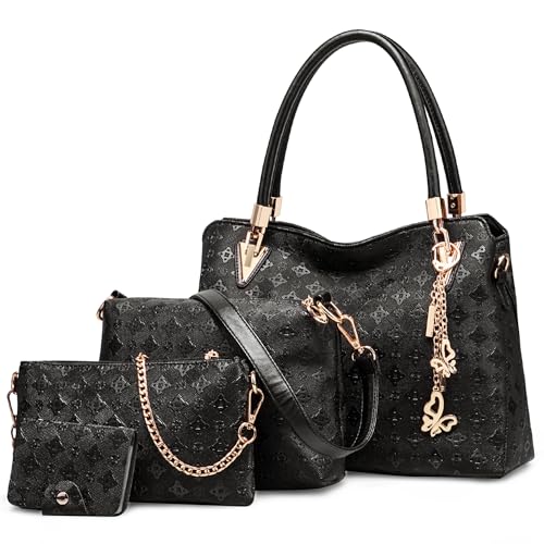 DORRISO Handtasche Damen Handtaschen Set 4 Teiliges Elegante Frauen Taschen Set Umhängetasche Clutchbag Karteninhaber Reisen Schultertasche PU Leder Schwarz von DORRISO