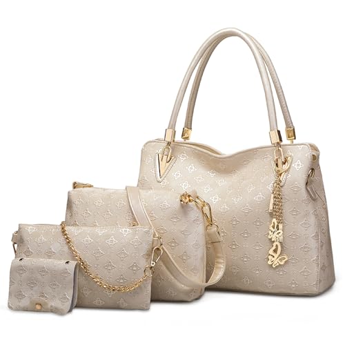 DORRISO Handtasche Damen Handtaschen Set 4 Teiliges Elegante Frauen Taschen Set Umhängetasche Clutchbag Karteninhaber Reisen Schultertasche PU Leder Weiß von DORRISO