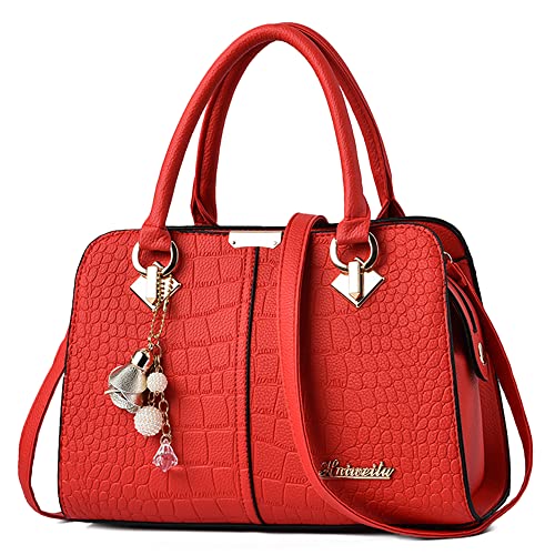 DORRISO Handtasche Damen Mittelgroß - Elegante Große Kapazität Wasserdicht PU Leder Mode Ornamente Abnehmbarem Schulterriemen für Reisen Arbeit Einkaufen Kirschrot von DORRISO